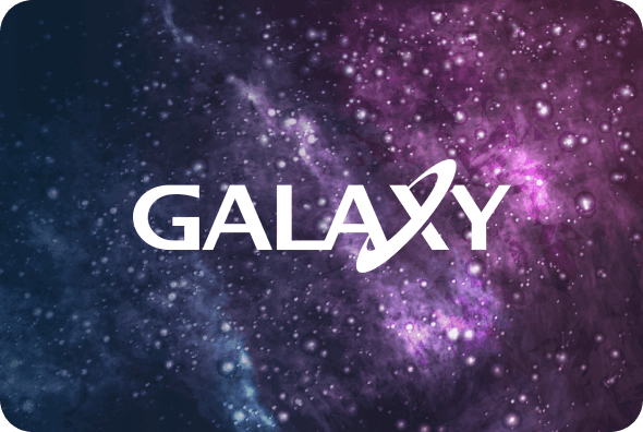 Galaxy logo displayed on cosmic background