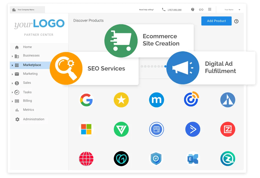 Partner center interface with product categories and icons.
