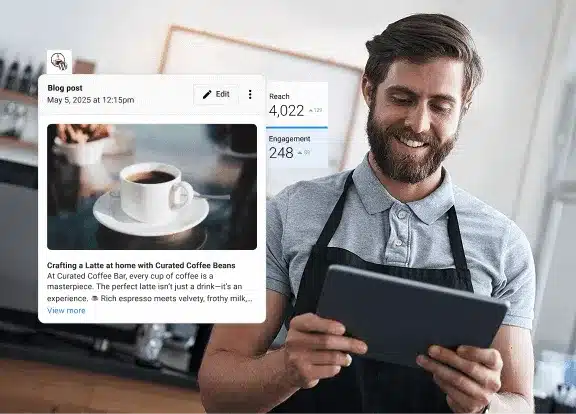 Done-for-you-img-2.png Coffee shop owner reviewing social performance