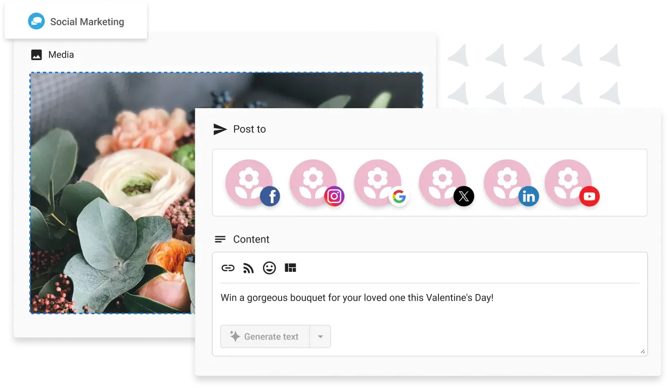 Vendasta Social Marketing interface showing cross-platform posting to Facebook, Instagram, Google, X, LinkedIn, and YouTube