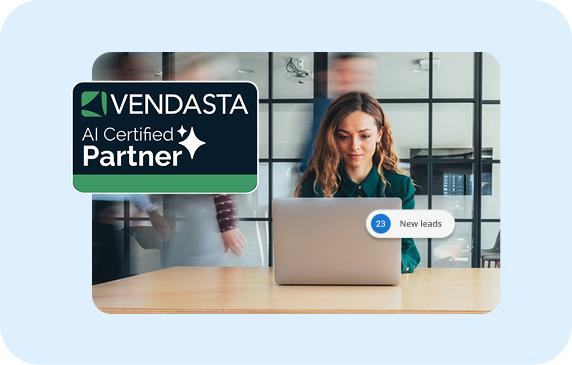 vendasta ai certified partner badge with woman on laptop