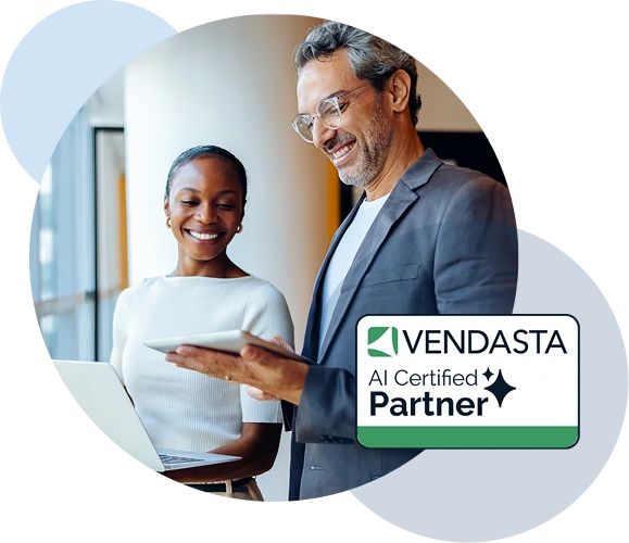 man and woman looking at a tablet and smiling - vendasta ai certified partner badge