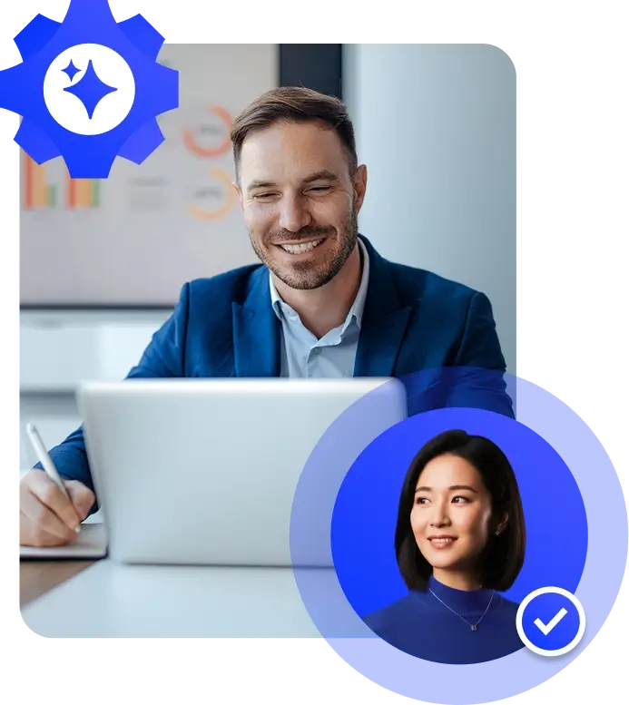 Smiling business professional working at a laptop, paired with an AI assistant avatar and a verification badge, representing Vendasta's expert setup service for the AI Inside Salesperson.