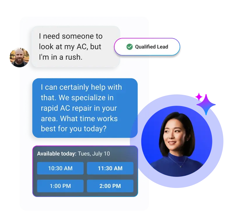 Simulated chat conversation showing Vendasta's AI Inside Salesperson qualifying a lead, responding to a customer inquiry, and offering available appointment times.