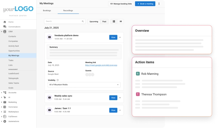 White-label meetings dashboard showing a list of recorded sales calls with dates and participants, overlaid with an Overview summary panel and Action Items assigned to team members