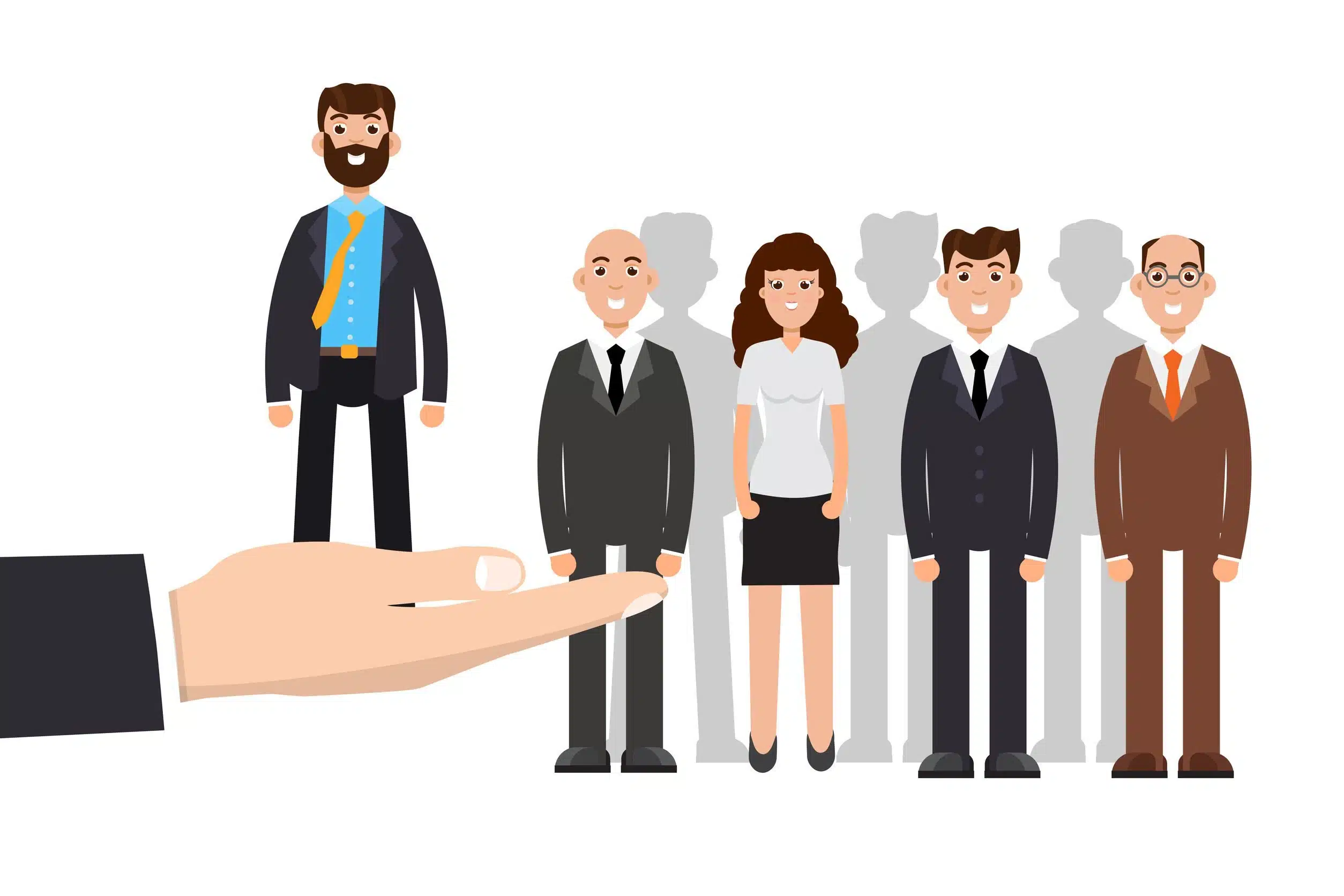 A hand outreached picking up a person as if choosing them out of the group of people.