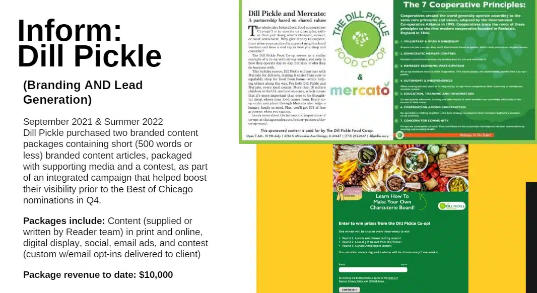 The Readerβs print layout of its branded content marketing campaign for the Dill Pickle Food Co-op
