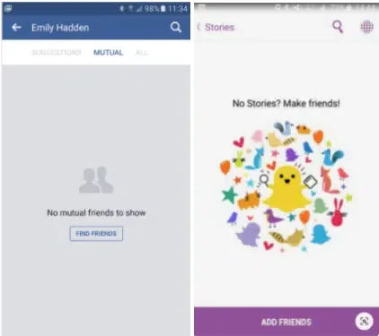 A Facebook empty state page indicating there are no mutual friends to show and inviting user to find friends. Next to it, a Snapchat empty state page with the Snapchat logo surrounded by colorful doodles, with the next “No Stories? Make Friends!”, and a button inviting users to add friends.